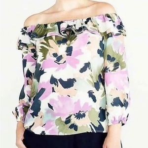 J. CREW MERCANTILE purple & green floral watercolor off the shoulder blouse L